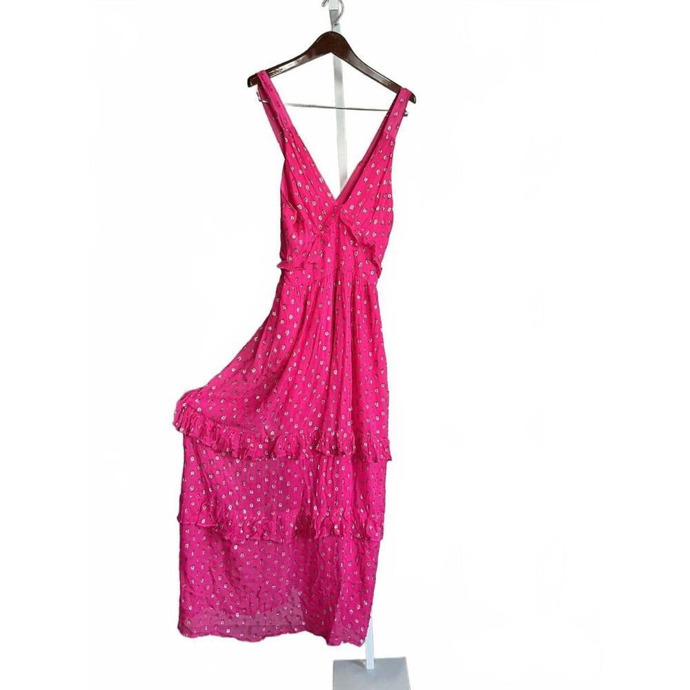 En Crème Pink Sleeveless V-Neck Boho Dress /Metallic Maxi Dot Pattern cottage